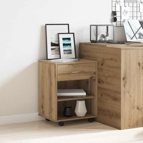 sephironlbb Rullcontainer Artisan-ek trämaterial 46 x 36 x 59 cm med låda och förvaringsutrymme, mobil med 4 hjul, 2 låsbara, mångsidiga för kontor, vardagsrum, kök, hall, verkstad