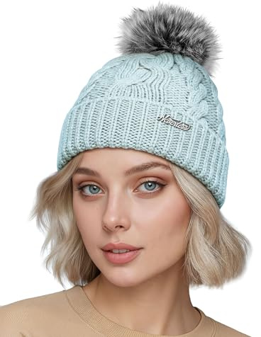 Neverless® Damen Bommelmütze mit Fleecefutter Pudelmütze Strickbeanie Strickmütze Wintermütze