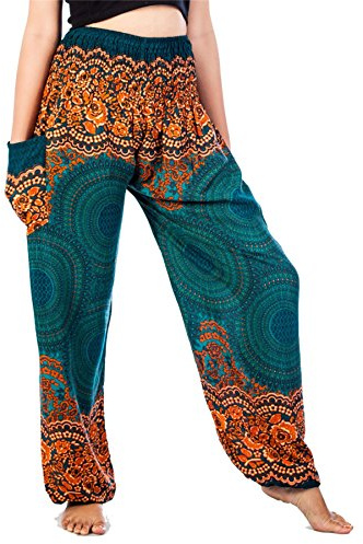 Lofbaz Harem Pants for Women Hippie Boho Festival Clothing - Bohemian Trousers for Yoga Beach Summer - Smocked Waist with Pockets - Rose 1 Teal Green L