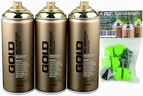 Montana Spraydosen 3 x 400 ml Gold-Chrom-Effekt Farb Spray glanz M3000 + Ersatzsprühköpfe, hoch deckend, sehr ergiebig
