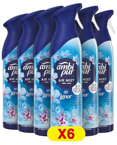 Ambi Pur Deodorante Ambiente Spray, Confezione da 6 Deodoranti, Fragranza Lenor Risveglio Primaverile, Combatte Gli Odori In Qualsiasi Stanza Della Casa