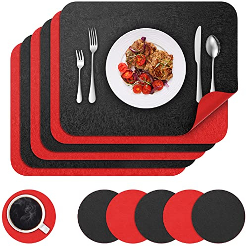 BANNIO Tischsets Abwaschbar, 6er Set Zweifarbig Platzset und Untersetzer, Platzsets abwischbar Tischset leder Platzdeckchen Tischuntersetzer Lederoptik für Hause Küche Restaurant, 41x31cm, Schwarz&Rot