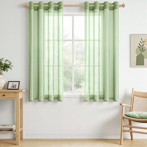 CUTEWIND Vorhang Grün Kurz Fenster Transparent Stores Gardinen mit Ösen 2er Set für Küche Wohnzimmer Modern Schlafzimmer Kinderzimmer H 145 x B 140 cm Grüne Vorhänge Durchsichtig