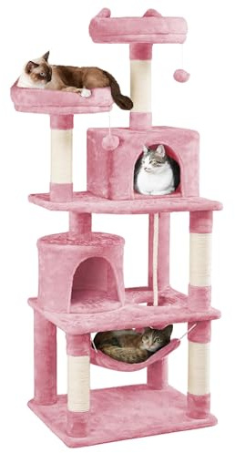 Yaheetech 158cm Multi-Level Cat Tree Tower Large Kitten Scratching Posts with Condos/Perches/Hammock Broad-Space Kitten Activity Centre, Pink