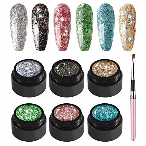 GZMAYUEN Esmaltes Semipermanentes Glitter Lentejuelas Para Uñas UV Esmaltes Gel 5ML Plata Negro 6 Color Gel Nail Polish Gel de Uñas Permanentes Manicura Set