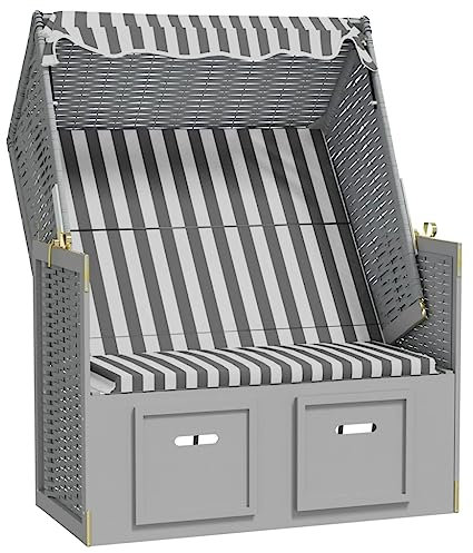 vidaXL Strandkorb mit Dach Gartenliege Volllieger Sonneninsel Sonnenliege Strandliege Liege Zweisitzer Strand Poly Rattan Massivholz Grau Weiß