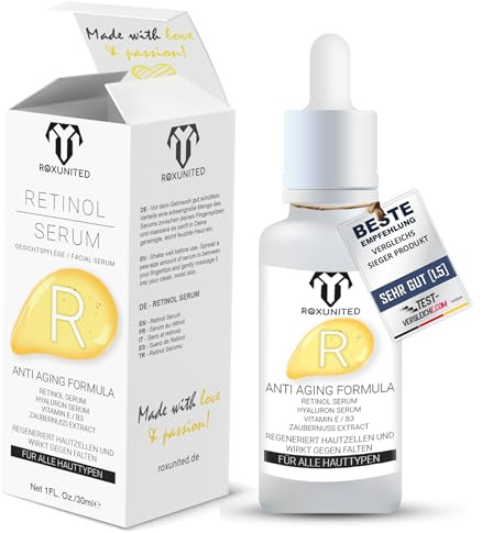 ROXUNITED Retinol Serum Hochdosiert Vergleichssieger Hochkonzentriert Serum Gesicht Anti Aging Vitamin C Vegan Hyaluronsäure gegen falten Natur augenringe (30 ml)