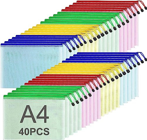 ASelected 40 Stücke Dokumententasche A4 Reißverschluss, Mesh Kunststoff Reißverschlusstasche, Datei Taschen mit Reißverschluss A4, Zipper Taschen für Datei, Dokumente, Hausaufgaben, Reisezubehör…
