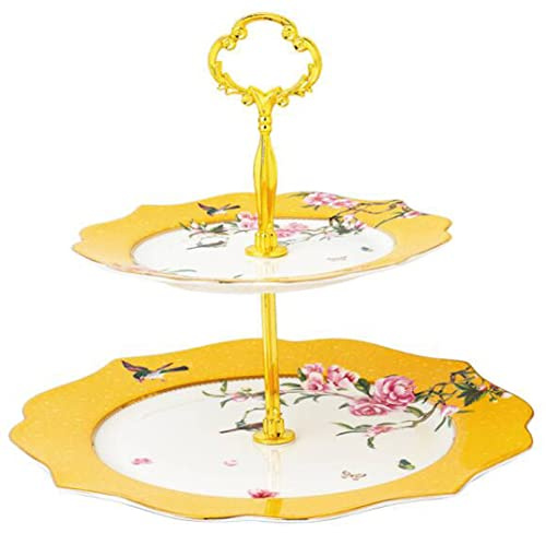 Eplze Présentoir à gâteau en céramique à 2 étages en porcelaine anglaise pour thé de l'après-midi ou décoration d'intérieur – Jaune