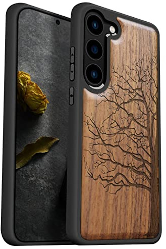 Carveit Wood Case for Galaxy S23 Case 2023 [Natural Wood & Black Soft TPU] Shockproof Protective Cover Unique & Classy Wooden Case Compatible with Samsung S23 Case (Eternal Tree-Walnut)