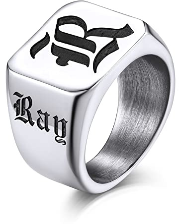 GOLDCHIC Anello Uomo Personalizzato Acciaio Inossidabile Sigillo Quadrato Con Lettera e Nome - Taglia 14,5
