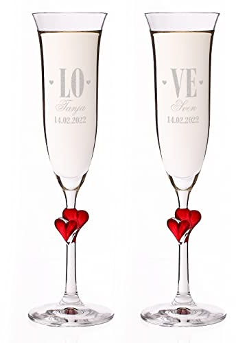 Herz & Heim® 2er Set L'Amour Sektgläser mit roten Herzen zur Hochzeit - Gravur mit Namen -LOVE-