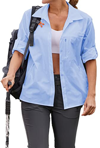 PINSPARK Womens UPF 50+ Sun Protection Shirts Quick Dry Long Sleeve Blouse Hiking Camping Cool Tops Fishing Sailing Clothes with Pockets Blue XL
