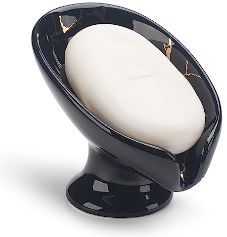 Soap Dish, Ceramic Soap Holder, Self Draining Soap Dish Holder, Leaf Shape Soap Bar Holder Soap Saver for Bathroom, Shower, Kitchen Sink (Black)