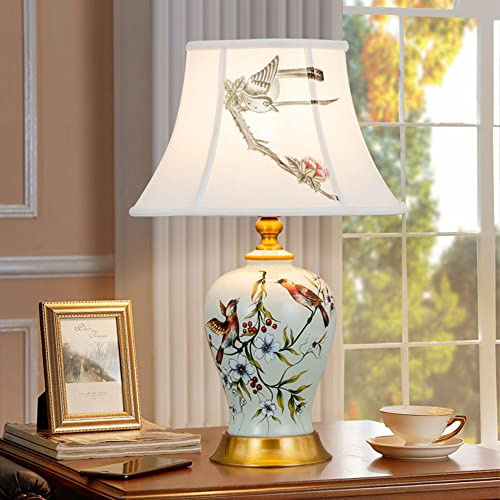 Mengjay Tischlampe Vintage Keramik, Schlafzimmer Nachttischlampe Plissee Lampenschirm Gemalt Blau Und Weiß Porzellan Lampe Körper Chinesische Schreibtischlampe, Wohnzimmer/Arbeitszimmer/Esszimmer (A)