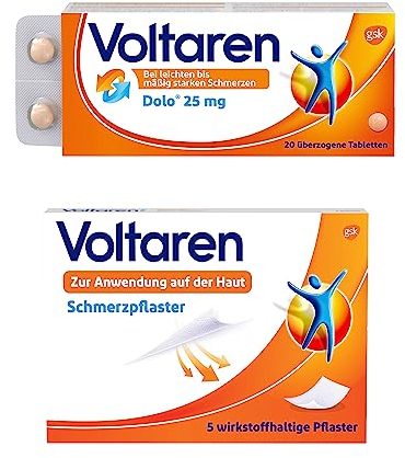 Voltaren Schmerzlinderndes Bundle: Dolo 25mg Tabletten (20 Stk.) & Schmerzpflaster mit Diclofenac (5 Pflaster) gegen Muskelschmerzen, Nacken-, Gelenk-, Schulter- und Rückenschmerzen