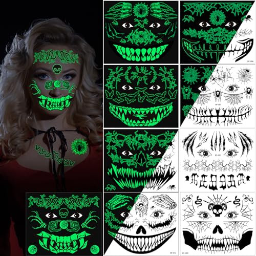 9 Feuilles Lumineux Halloween Tatouages Temporaires pour visage, Crâne mort Squelette Araignées Toile Chauve Souris Tatouages Éphémères pour Halloween Carnaval Maquillage Déguisements Accessoires