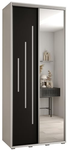 MEBLE KRYSPOL Davos 13 120 Schrank mit Zwei Schiebetüren für Schlafzimmer - Moderner Kleiderschrank mit Spiegel, Kleiderstange und Regalen - 235,2x120x60 cm - Weiß Schwarz Silber