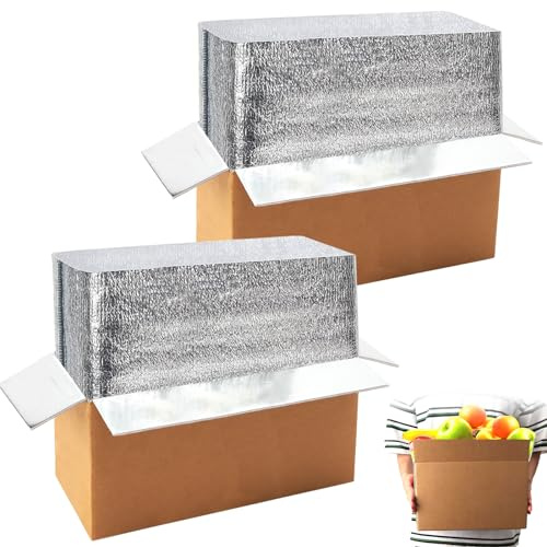 QLOUNI 2 Pack Hot & Cold Double Insulated Shipping Box with Aluminum Foil Insulated Bag Liner, Reusable Hot & Frozen Food Delivery Insulated Carton for Shipping, Mailing, Packing, 12.2x5.2x7.5 Inch
