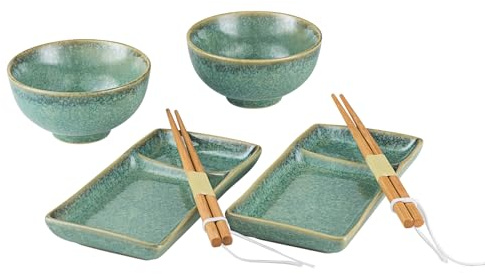 Ceramic Japanese Appetizer Sushi Plates and Bowls Set for 2 | 7 Rectangle Sushi Serving Dish, 10 oz Soup/Rice Bowl & Chopsticks (Reactive Green)