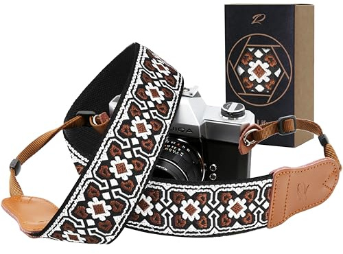 Padwa Lifestyle Kameragurt - 2“ Rindsleder Kopf Kameragurt für Fotografen, Vintage Jacquard Stickerei gewebt Baumwolle verstellbare Schulter Nackenriemen für Kameras, Ferngläser - Braune Blumen