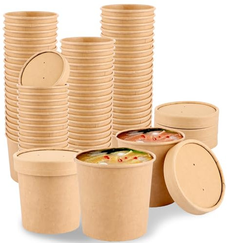 Oungy 50 Stück Suppenbecher To Go Pappbecher Mit Deckel 370ml 12oz Suppenbecher Pappe Einwegbecher Mit Deckel für Salatbox, Eis, Suppe, Coffee