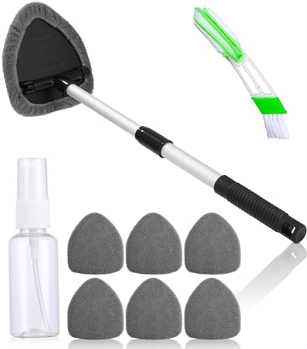 Huifoo Nettoyeur de vitres de Voiture avec 6 tampons en Microfibre et vaporisateurs, kit de Nettoyage pour vitres de Voiture, avec poignée Extensible, Rotatif à 180 °, Gris