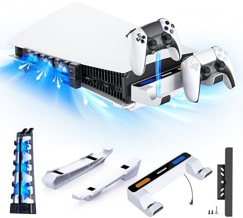 NexiGo PS5 Horizontal Stand With Charging Station, Silent Cooling Fan With Adjustable Speed, Auto Power On/Off, Compatible With PS5 Disc & Digital Editions, White
