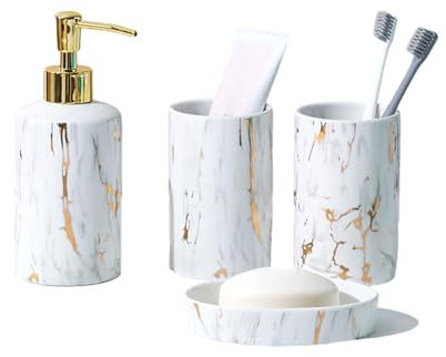 Enigmaire Seifenspender Zahnputzbecher Set,Badezimmer Seifenspender Set,4-Teiliges BadezimmerzubehöR,Stilvolles Bad Set LuxuriöSes Badezimmer ZubehöR,Mit Seifenspender,Seifenschale,Zahnputzbechern