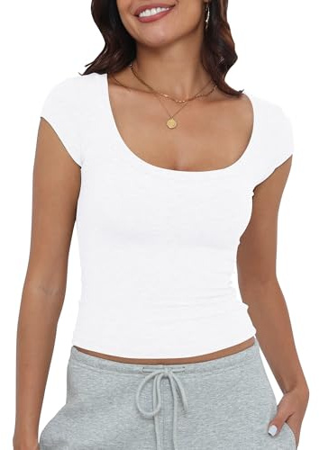 Artfish Women's Short Sleeve T-Shirts Low Scoop Neck Slim Fitted Ribbed Knit Casual Longer Crop Top (White, S)