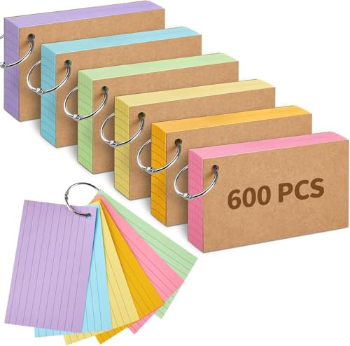 600 Blätter A8 Linierte Karteikarten, 150g/m² Bunte Lernkarten und Vokabelkarten Flashcards mit Ring, praktischen Lernbox für Unterwegs Vokabel Lernen(6 Farben)