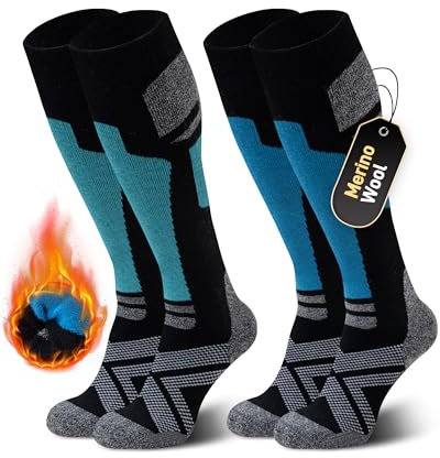 Niorasen Merino Wool Ski Socks Men Unisex, 2 Pairs Thermal Knee-High Socks for Winter, Full Cushion Thick Socks, Skiing, Snowboarding, Outdoor Sports, Hunting, Hiking, Green/Light Blue, UK 9-15