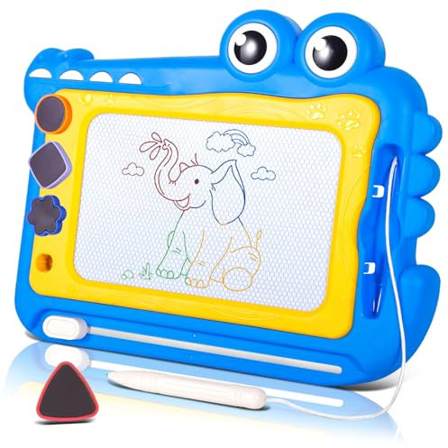 PQETBV Krokodil Magnetische Maltafel Zaubertafel, Bunt Magnetische Zeichenbrett Lernspielzeug ab 2-7 Jahre Malbrett mit 4 Form Stempel für Kinder ab Kinderspielzeug ab 2 Jahre (Blau)