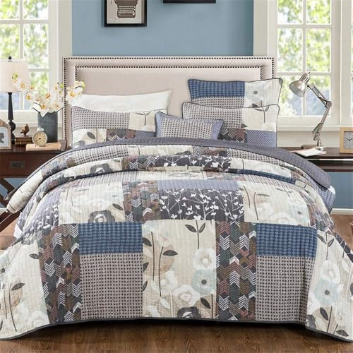 hixswnu Gesteppte Patchwork-Tagesdecke für Super-King-Size-Betten, 3-teilig, Shabby-Chic-Stil, weiß, blau, geblümt, Baumwoll-Patchwork-Bettüberwürfe mit 2 Kissenbezügen, 259 x 269 cm