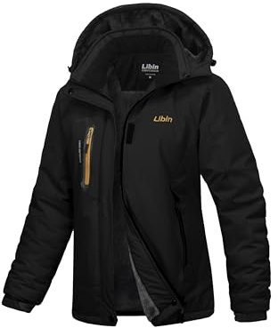 Libin Winterjacke Damen Warm Gefüttert Skijacke Outdoorjacke Damen Wasserdicht Atmungsaktiv Wanderjacke Übergangsjacke Reitjacke mit Abnehmbarer Kapuze und Reißverschlusstaschen Schwarz, XL