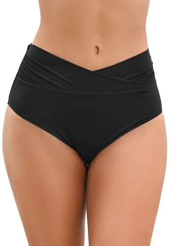 SHEKINI Slip Bikini da Donna Vita Alta Controllo Addominale Controllo Pancia Croce Increspato Retro Costume da Bagno Fondo Bikini（L，Nero）