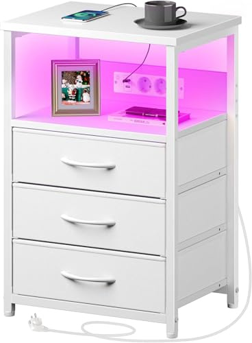 Rolanstar Nachttisch mit Ladefunktion & LED, Sofatisch mit 3 Stoffschubladen, USB-Anschlüssen & Steckdosen, Beistelltische für Wohnzimmer Schlafzimmer, Weiß, 40 x 30 x 60 cm