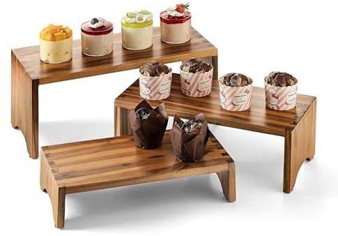 Tidita Acacia Wood Risers Display Stands Set of 3 - Wooden 3 Tier Cupcake Stand - 3 Tiered Riser for Vendors - Decorative Display Risers for Food Desserts Stand, Perfume, Funko POP at Party Wedding