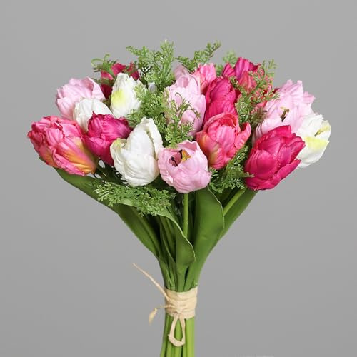 Seidenblumen Roß Tulpenbouquet/Tulpenstrauß 30cm DP Kunstblumen künstlicher Strauß Ranunkel Blumen (weiß-rosa-pink)