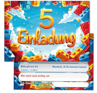 Junaversum 12 Einladungskarten zum 5. Kindergeburtstag Jungen Bausteine Mädchen Kinder coole bunte Einladungen fünfte Geburtstag Geburtstagseinladungen Kids