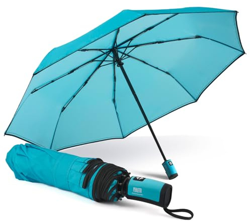 PERLETTI Farbige Regenschirm Damen Ultra Leicht Auf Zu Automatik - Kleiner Taschenschirm Frauen Mädchen Handtasche - Mini Regen Schirm Kompakt Sturmsicher Sturmfest (Neonblau)
