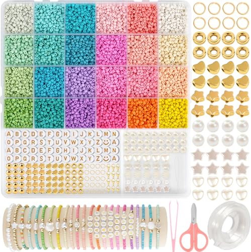 EUES 3mm Perlen für Armbänder,Perlen Zum Auffädeln mit Buchstabenperlen und Smiley,Bunte Glasperln Selber Machen Set für Armbänder Ketten Ringe,Glasperlen Kit für Kinder,DIY Bracelet Making