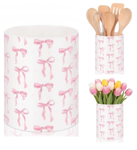 WILLBOND Pink Bow Utensil Holder Coquette Acrylic Kitchen Decor Cooking Utensil Crock Preppy Storage Caddy Organizer Vase Decor for Kitchen Countertop Spoon Holder Jar Housewarming Gift