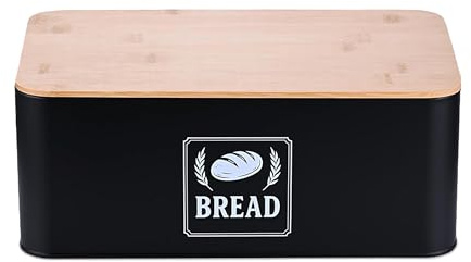 Panera Relaxdays, Tapa de bambú, Metal, (H x W x D): 13,5 x 33 x 19 cm, Caja Retro para Pan, contenedor de Pan, Negro