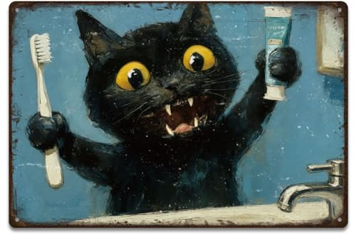 SUPERDANT Plaque Metal Vintage Pour Salle De Bain Chat Qui Se Brosse Les Dents Plaque Murale Decorative Avec Chat Noir Déco Drôle Pour Toilettes Idée Cadeau Affiche Vintage Decoratif Exterieur Metal