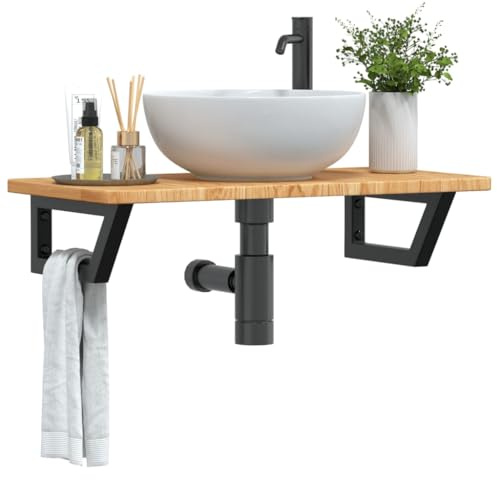 Frdhee Badezimmerschrank Aufsatzwaschbecken, Waschtischplatte mit Halterung Stahl und Massivholz Eiche für Kleine Bäder, Gäste WC