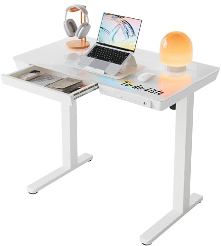 HUANUO Glas höjdjusterbart skrivbord med lådor, 88 x 50 cm elektriskt skrivbord, en bit bordsskiva med USB & typ C, stående sits bord för hemmakontor, vit