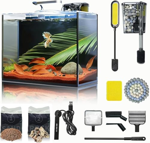Aquarium de bureau 10 l, petit bassin à poissons, en verre ultra transparent, avec filtre autonettoyant, lumière vive, chauffage, pierres, gravier, outil de nettoyage, bocal à poissons sans bordure