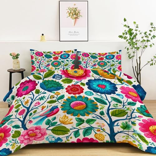 Bettdecke 135x200cm 4 Jahreszeiten Cartoon Pflanzen Blumen Blätter Wende Steppdecke, Warme & Weiche Ganzjahresdecke Mehrfarbig Bettdecke ohne Bezug - Waschbar Schlafdecke mit 2 Kissenbezug 80x80cm