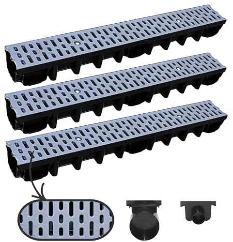 Megaa store 3m Entwässerungsrinne 98 mm – Komplettset A15 Kunststoffrinne Schwarz/Grau/Verzinkt Verschiedene Rostmuster Drainagerinne Bodenrinne (3 Meter, Grau Classic)